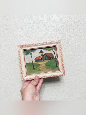 Small Vintage Wooden Framed Painting Mexican Village Folk Art Artisan Wall Art